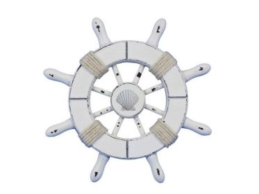 Rustic White Decorative Ship Wheel With Seashell  6""