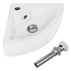 Bathroom Corner Ceramic Vessel Sink with Overflow and Faucet Hole