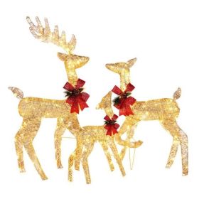 3pcs 54*38*122cm 30.00V 3.60W Family Elk Golden Iron Frame Cotton Thread Green Onion Powder Courtyard Elk Christmas Decoration