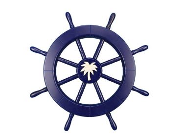 Dark Blue Decorative Ship Wheel with Palm Tree 18""