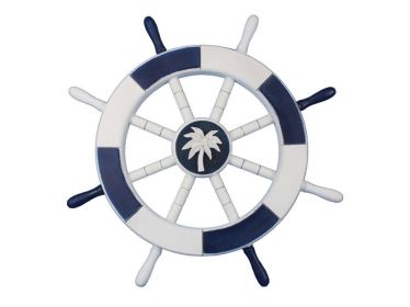 Dark Blue and White Decorative Ship Wheel with Palm Tree 18""