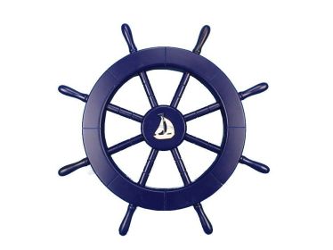 Dark Blue Decorative Ship Wheel with Sailboat 18""