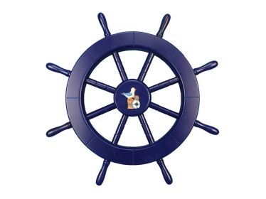 Dark Blue Decorative Ship Wheel with Seagull and Lifering 18""