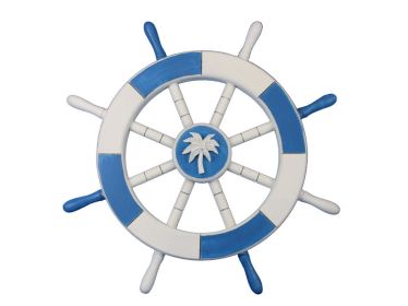 Light Blue and White Decorative Ship Wheel with Palm Tree 18""