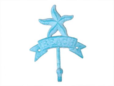 Rustic Light Blue Whitewashed Cast Iron Starfish Beach Hook 8""