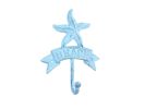 Rustic Dark Blue Whitewashed Cast Iron Starfish Beach Hook 8""
