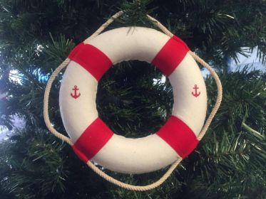 Classic White Decorative Anchor Lifering With Red Bands Christmas Ornament 6""