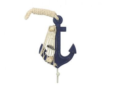Wooden Rustic Decorative Blue Anchor with Hook 7""
