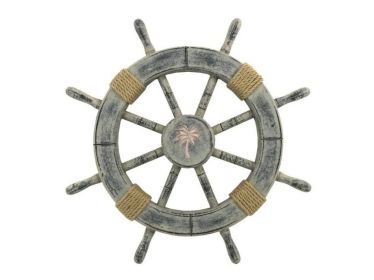 Rustic Whitewashed Decorative Ship Wheel With Palm Tree 18""