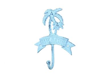 Rustic Dark Blue Whitewashed Cast Iron Palm Tree Beach Hook 8""