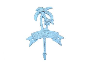 Rustic Light Blue Whitewashed Cast Iron Palm Tree Beach Hook 8""