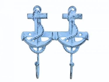 Rustic Dark Blue Whitewashed Cast Iron Decorative Anchor Hooks 7""