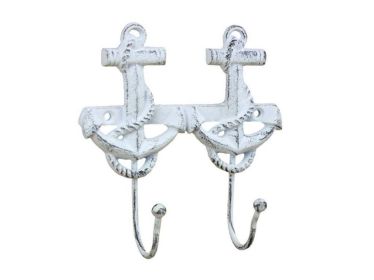 Rustic Whitewashed Cast Iron Decorative Anchor Hooks 7""
