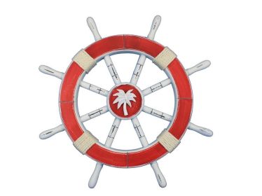 Rustic Red Decorative Ship Wheel with Palm Tree 18""