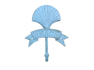 Rustic Light Blue Cast Iron Seashell Beach Hook 8""