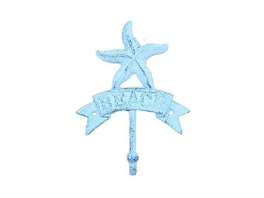 Rustic Dark Blue Whitewashed Cast Iron Starfish Beach Hook 8""