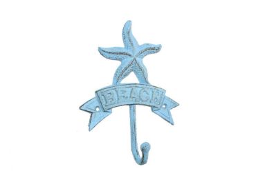 Rustic Light Blue Cast Iron Starfish Beach Hook 8""
