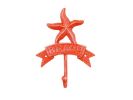 Rustic Red Whitewashed Cast Iron Starfish Beach Hook 8""