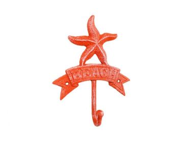 Rustic Red Whitewashed Cast Iron Starfish Beach Hook 8""