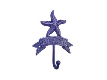Rustic Dark Blue Cast Iron Starfish Beach Hook 8""