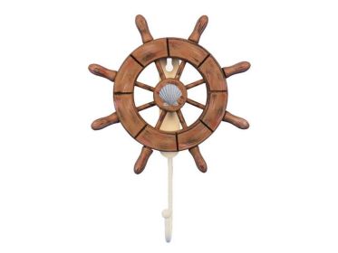 Rustic Wood Finish Decorative Ship Wheel with Seashell and Hook 8&quot;