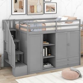 Functional Loft Bed with 3 Shelves;  2 Wardrobes and 2 Drawers;  Ladder with Storage;  No Box Spring Needed (Color: gray)